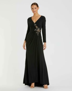 Faux Wrap Long Sleeve Gown w/ Appliqu�� Detail