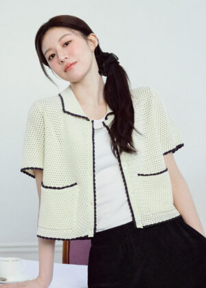 W CROCHET HALF KNIT CARDIGAN navy