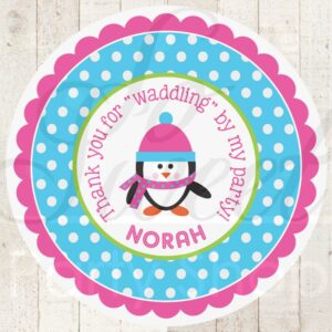 girls-penguin-birthday-favor-sticker-labels-girls-penguin-birthday-party-winter-onederland-birthday-party-decorations-set-of-24